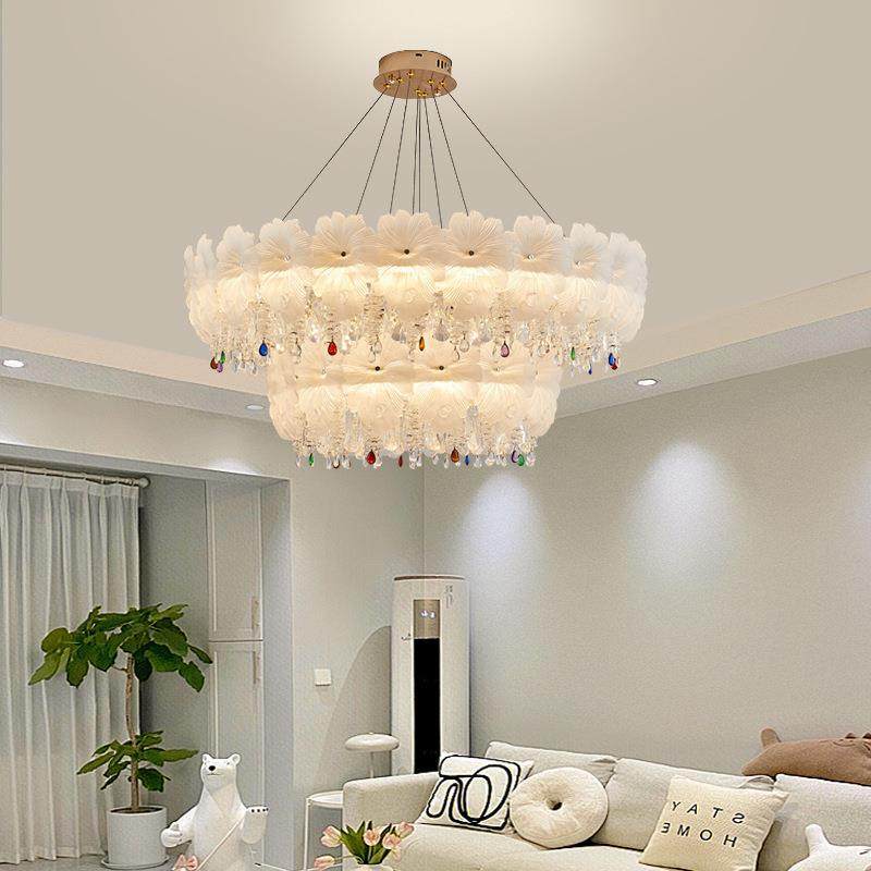 法式水晶吊灯奶油风轻奢客厅灯2024新设计师款花朵卧室公主房灯具