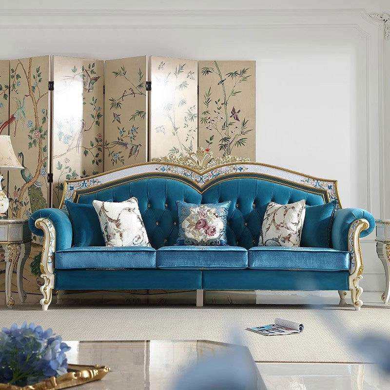 法式宫廷贝壳拼花布艺沙发欧式奢华实木雕花沙发茶几组合别墅家具