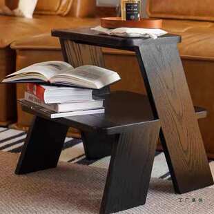 复古黑色白蜡木实木菲多梯凳家用人字梯凳子多功能双层置物架边柜