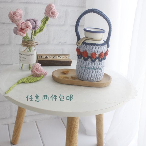 慢时光手工~雾蓝郁金香毛线编织成品保温防烫隔热防摔杯套