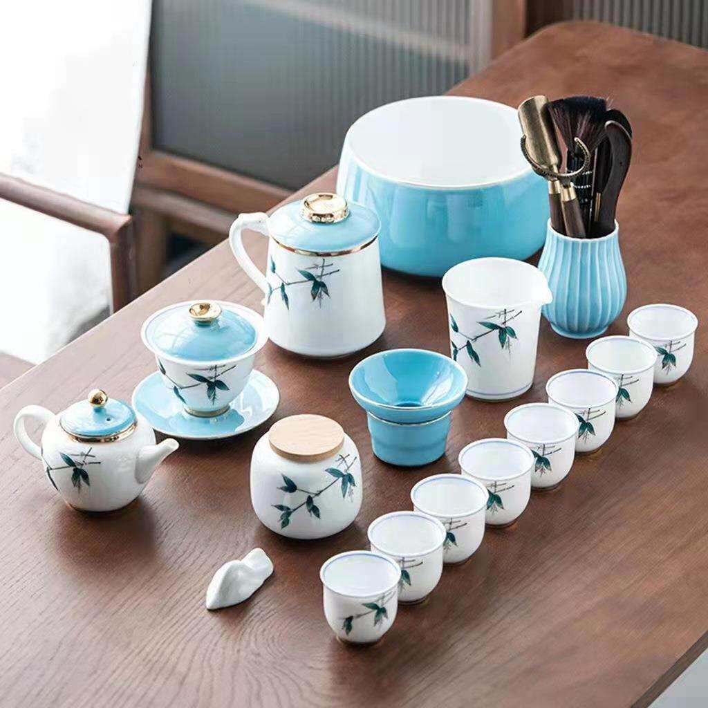 手绘茶具套装家用简约办公室会客泡茶杯羊脂玉瓷盖碗茶壶整套送礼