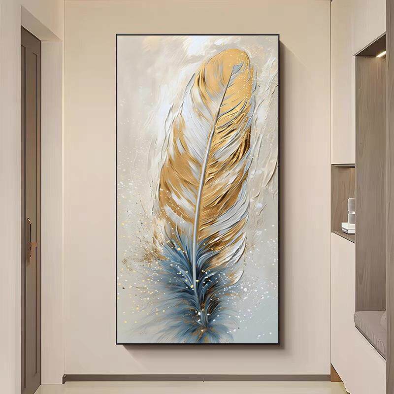 抽象羽毛轻奢手绘油画玄关装饰画进门玄幻挂画竖版过道尽头墙壁画