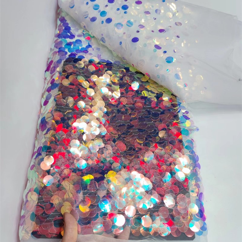 大圆片彩色鱼鳞绣花面料蕾丝网布珠片婚庆礼服装饰珠光渐变网纱面