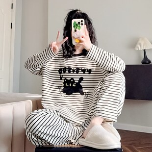 卡通条纹睡衣女纯棉长袖长裤套装新款可外穿束脚收口裤宽松家居服