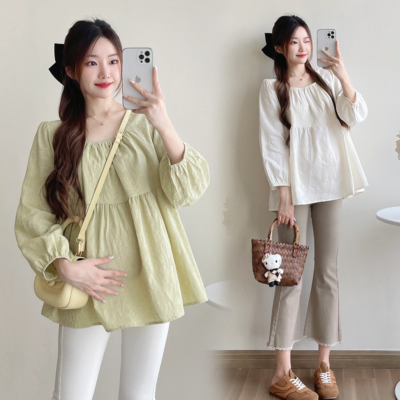 孕妇装秋装时尚提花长袖方领上衣宽松大码休闲娃娃衫春秋怀孕衣服