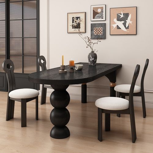 中古风实木餐桌椅家用法式复古黑色小户型椭圆形白蜡木原木饭桌子