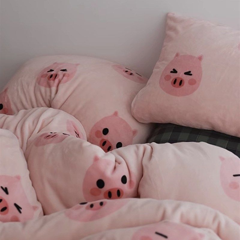 甜宝小猪@牛奶绒粉色卡通加厚保暖单件床品床单床笠被套枕套秋冬