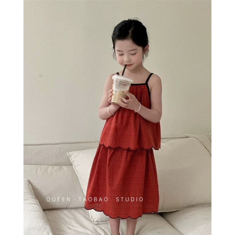 韩国女童圆点提花吊带套装2025夏季新品宝宝洋气吊带半裙两件套