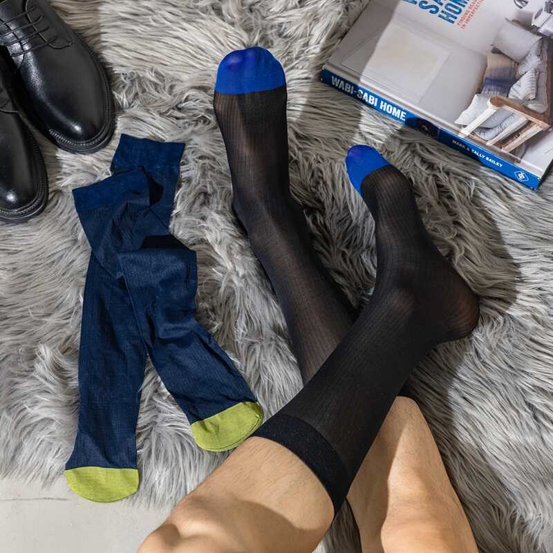 4双透气男士商务保密丝光滑中长筒西装袜子正装皮鞋商务金脚趾发