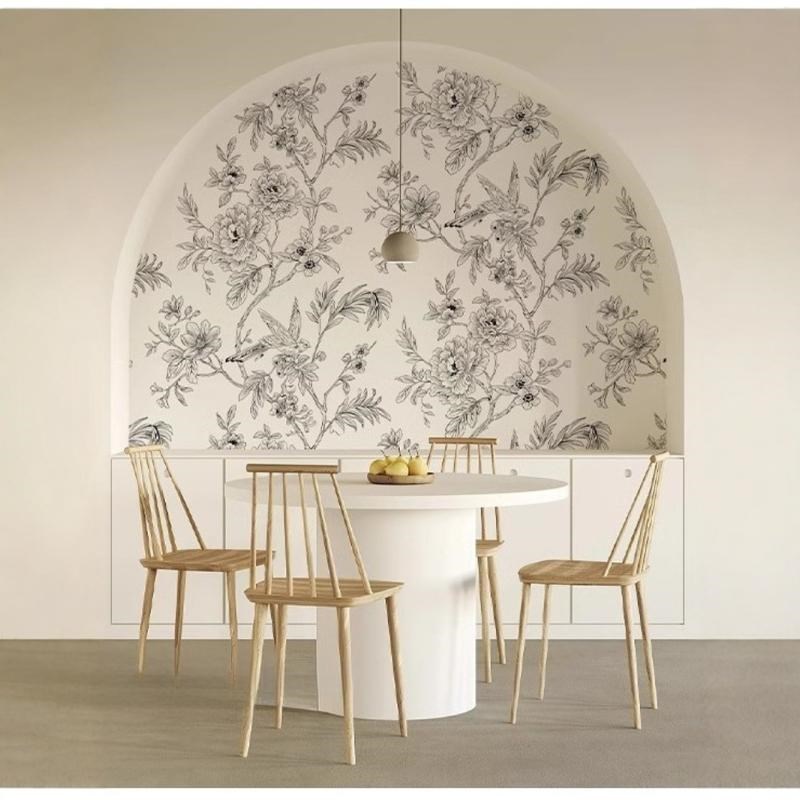 定制无缝壁画法式黑白墙纸x花鸟客厅沙发餐厅玄关背景墙布壁布