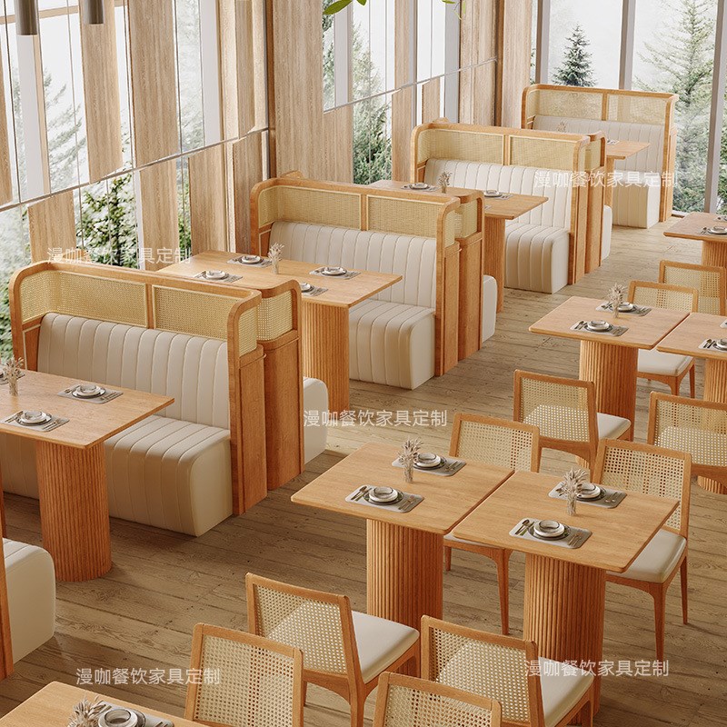日式实木半圆藤编卡座q沙发餐饮连锁火锅店东南亚主题餐厅桌椅组