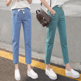 女九分2021春夏装 亚麻宽松哈伦裤 新款 小脚学生裤 子 韩版 棉麻休闲裤