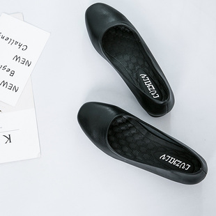 方头久站工作鞋女单鞋酒店黑色低跟平底上班职业空姐鞋舒适皮鞋软