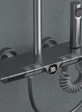 枪灰色淋浴花洒套装钢琴按键恒温数显液态硅胶增压大顶喷