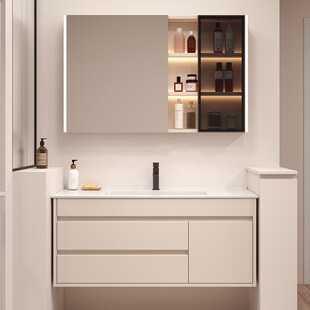 定制78/88/98公分108厘米118cm奶油风轻奢陶瓷一体盆浴室柜洗手盆