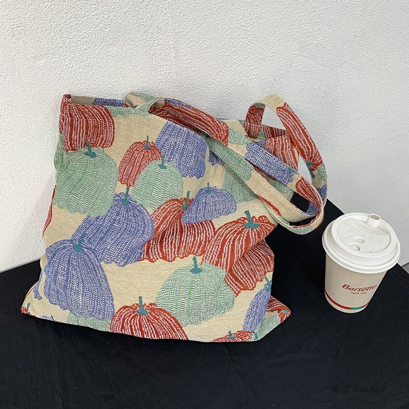 原创复古南瓜刺绣帆布单肩包袋z文艺仙女风学生夏季旅行度假布包