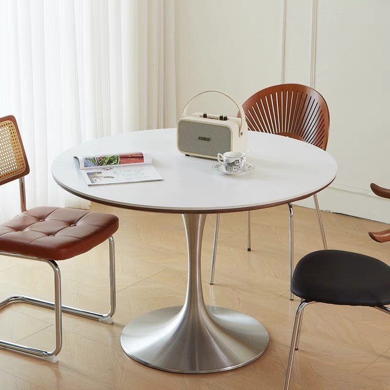 岩板洽谈b圆桌法式中古家用小户型饭桌复古不锈钢郁金香圆形餐桌