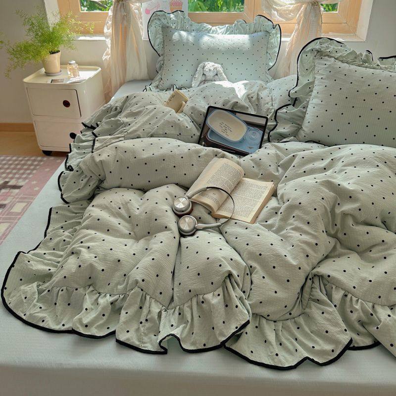 ins蓝色波点双层纱被套双人床笠四件套水洗棉宿舍亲肤床单三件套,床上用品,学生床品套件,淘宝优惠券,粉丝福利购,淘宝优惠卷