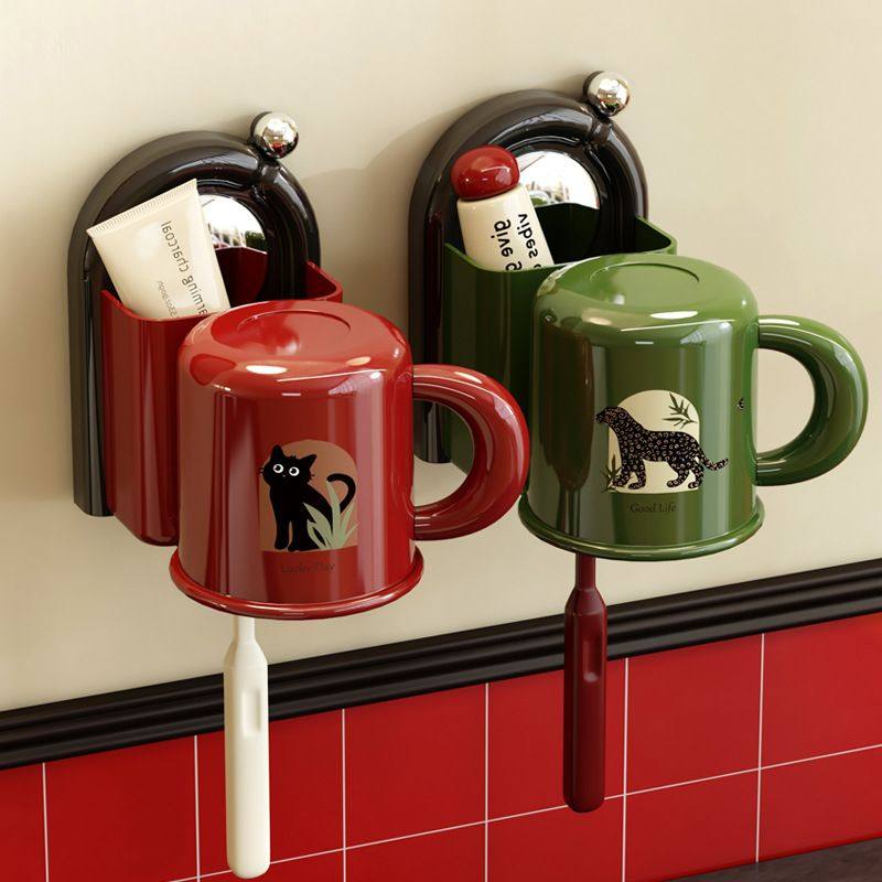 吸盘牙刷置物架磁吸漱口杯刷牙杯子卫生间壁挂式免打孔洗漱杯套装