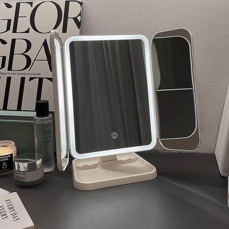 led美妆镜子化妆镜贝壳三折叠桌面台式带灯宿舍补光高梳妆调节镜
