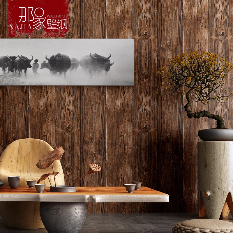 墙纸非自粘无胶不带背胶刷胶u家用仿木纹木头木板原木色3d立体壁