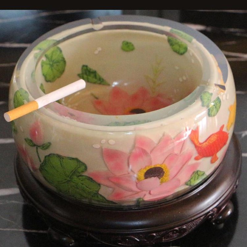 特大号水晶烟灰缸高级感创意家用中国风精雕图S灭烟沙高端生礼物