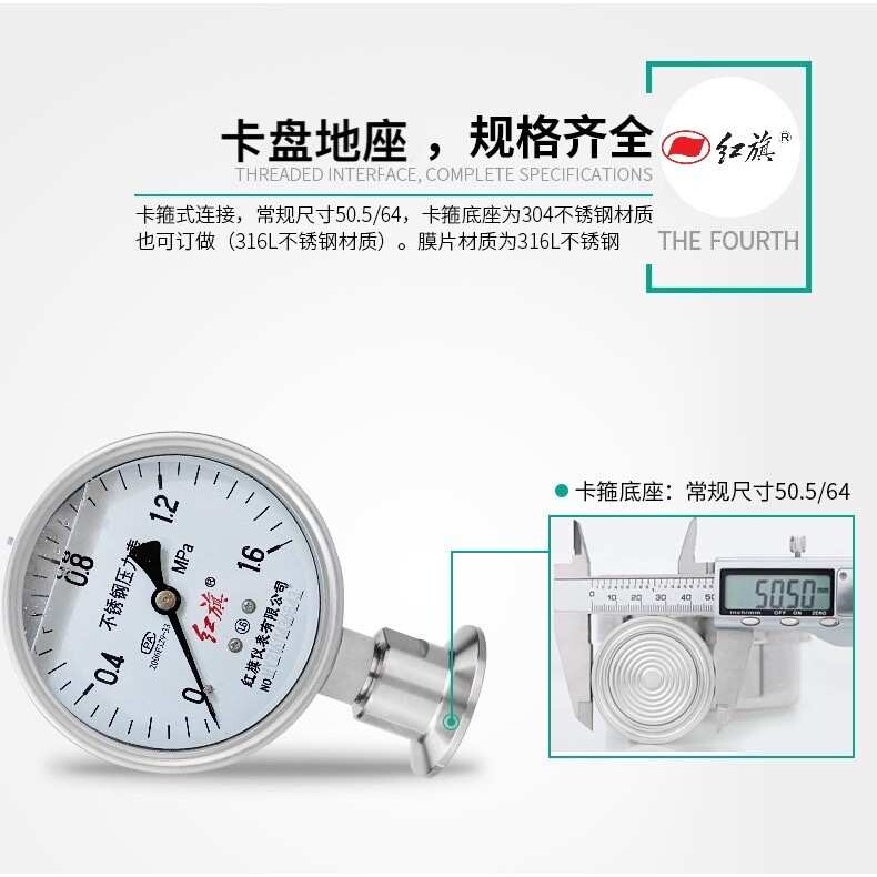 红旗不锈钢隔膜压力表YTP-100BF  螺纹法兰卡盘连接 规格齐全