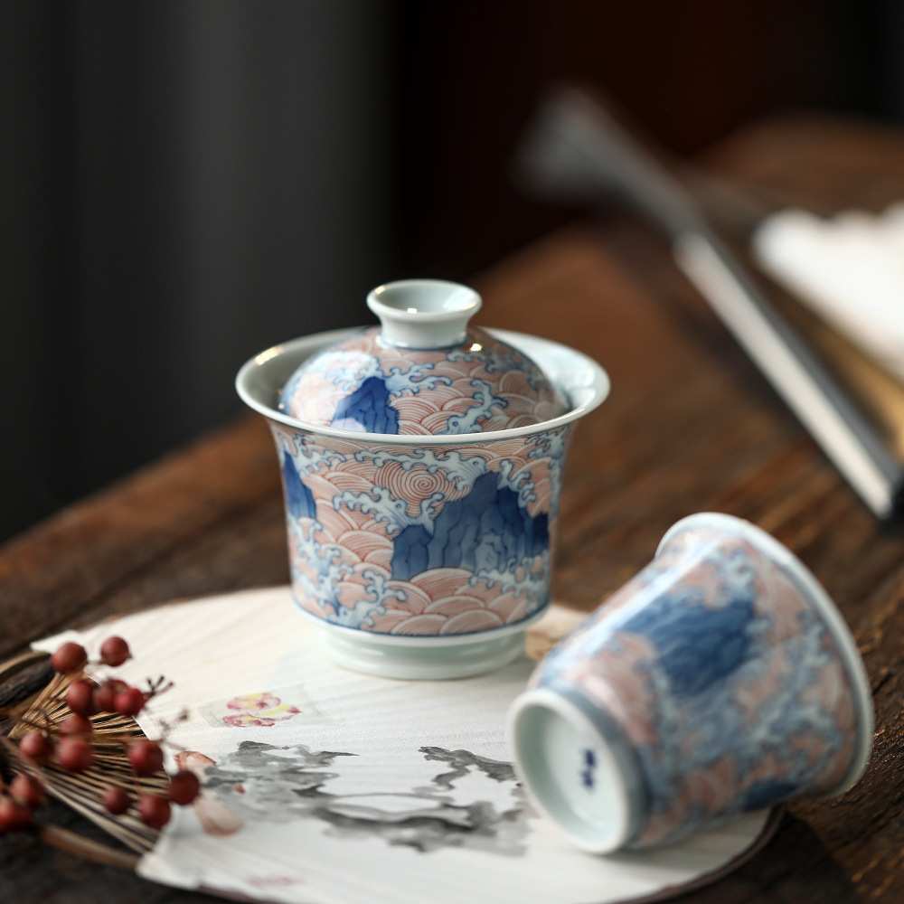 纯正柴窑青花瓷口盖碗全手工手绘泡茶碗神宗珍藏茶杯海水山石雅器