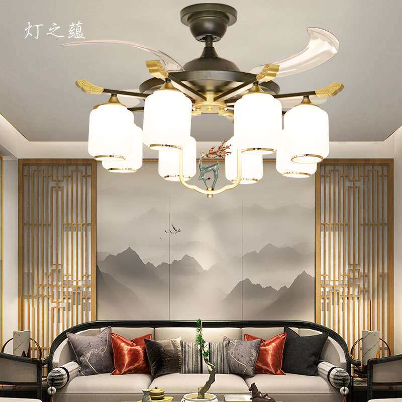 新中式风扇灯客厅吊扇灯中国风卧室书房家用遥控隐形餐厅风扇吊灯