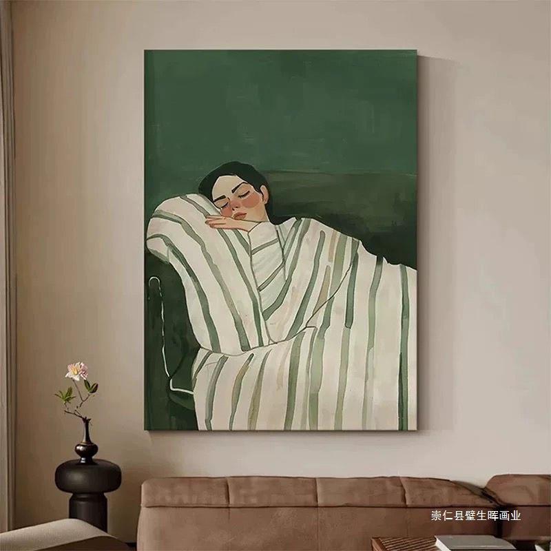 纯手绘人物油画中古风绿色客厅玄关装饰画慵懒少女卧室手工画