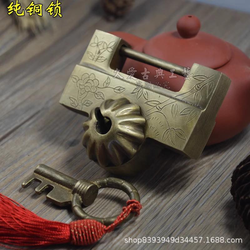 仿古铜锁复古锁中式老式横开挂锁老式插销锁刻花古铜锁铸铜锁门锁