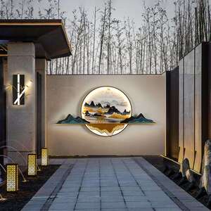 新中式户外壁灯防水太阳能别墅花园庭院外墙大门山水画景观装饰灯