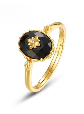 新款日韩风时尚流行黑玛瑙戒指复古花纹S925纯银戒指一件