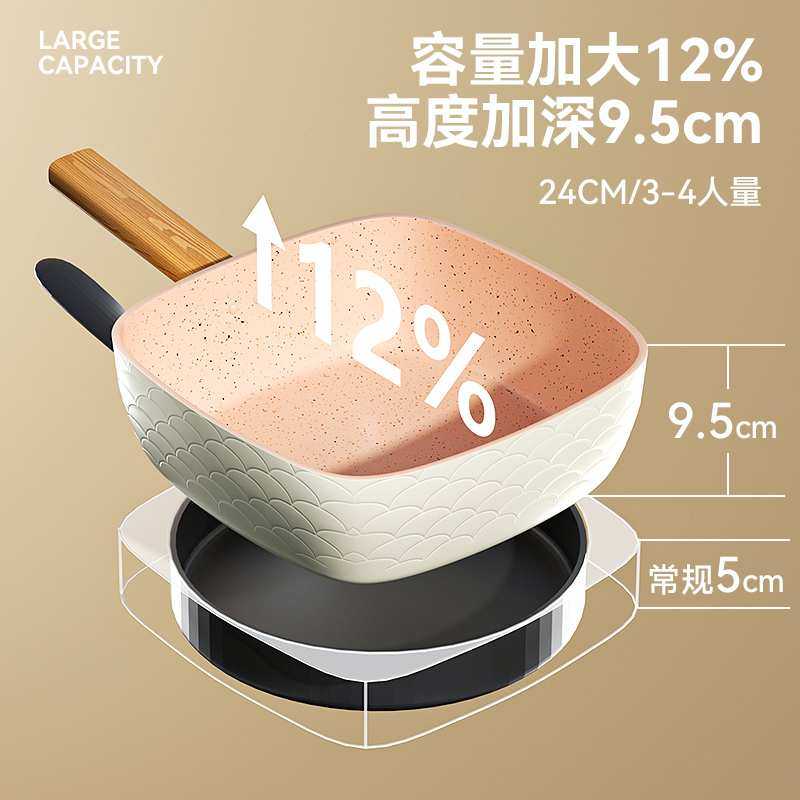 平底锅家用不粘锅麦饭石方形深型深口不沾煎炒两用小炒锅加深煎锅