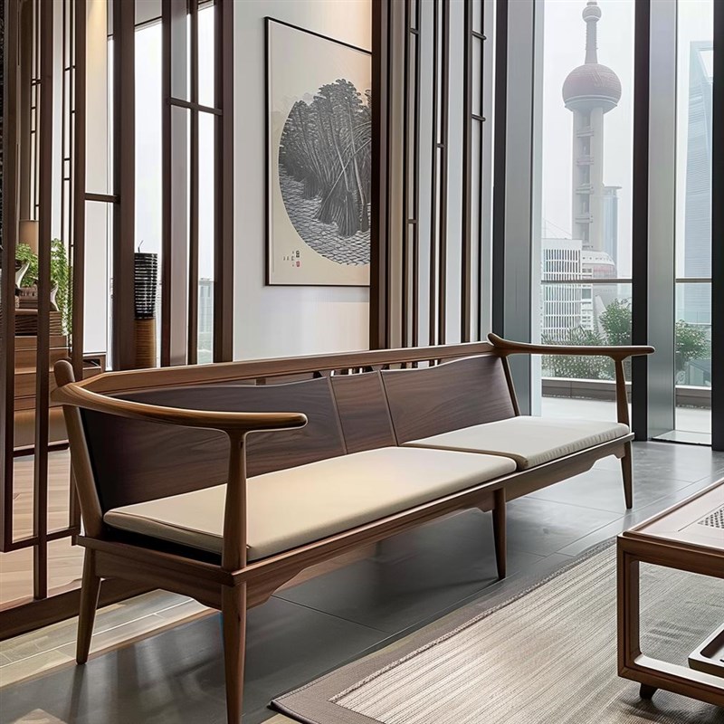 禅意黑胡桃白蜡木沙发新中式x高端客厅真皮酒店民宿办公室实木家