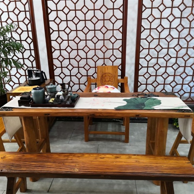 老榆木门板d桌实木简约复古怀旧风化木板原木茶桌茶台桌椅组合定