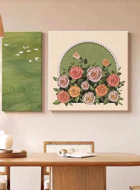 法式中古风餐厅装饰画复古绿色风景餐桌壁画客厅玫瑰花卉艺术挂画