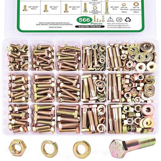 跨境566pcs/盒英美制外六角螺栓配平垫螺母螺丝组合套装盒装8级