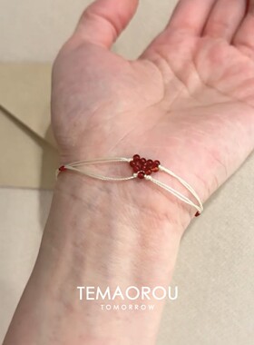 S925纯银编织红串珠爱心手链轻奢