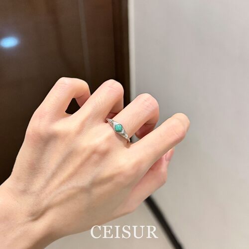 S925纯银方形绿松石闪钻戒指小众