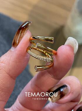 S925纯银中古老钱风金色闪钻戒指