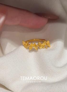 S925纯银中古风金色蝴蝶戒指小众
