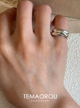 时尚简约银色三环交叉素圈戒指女