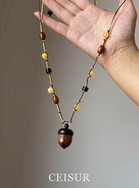 森系小清新木质松果串珠项链小众