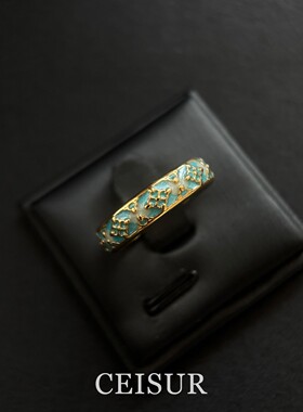 S925纯银渐变蓝花纹开口戒指小众