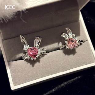 S925纯银甜酷风粉色爱心小兔子戒指小众设计轻奢高级感2026食指戒