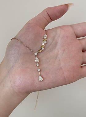 S925纯银法式超闪金色水滴项链女