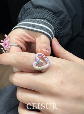 S925纯银珐琅滴油爱心戒指女小众