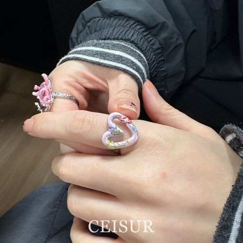 S925纯银珐琅滴釉爱心戒指女小众