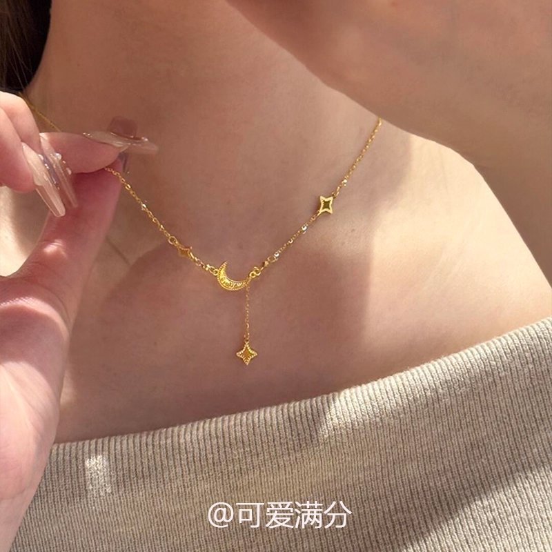个性金色拉丝四芒星月项链女款高级感轻奢小众2025新款爆款毛衣链